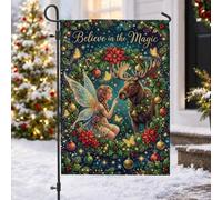Believe In The Magic Fairy And Moose - Bandera de jardín de Navidad de 12 x | Alce, bandera de césped, flores de pascua, adornos de Navidad, follaje de invierno, ilustración fantástica