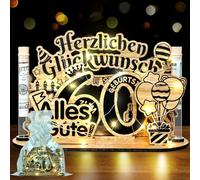 Belillpipi Juego de decoración de madera para 60 cumpleaños, decoración de cumpleaños de madera con cadena de luces LED, regalo de dinero, cumpleaños con texto en alemán "Alles Gute Schild für Frauen