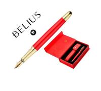 Pluma y estuche cuero belius passion dor aluminio textura cepillada color rojo y dorado tinta azul caja de diseño - BB235