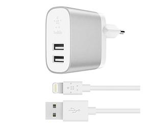 Belkin Boost Charge - Cargador doméstico con 2 Puertos + Cable de Lightning a USB, multipuerto de 24 W para iPhone 11, 11 Pro/Pro MAX, XS, XS MAX, XR, X, SE, Samsung Note9, S10, S10+ y Otros