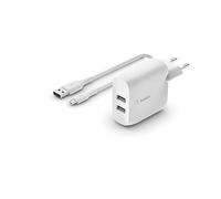 Belkin BoostCharge Cargador de Red USB-A (24 W, con dos puertos y USB A/Micro USB parad dispositivos como Smartphones, tablets, auriculares inalámbricos, baterías externas)