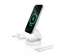 Belkin Cargador Inalámbrico 2 en 1, Estación de Carga Plegable 15W, Cargador Qi2 Compatible con MagSafe, iPhone 16 y AirPods, Base lastrada Antideslizante, Fuente de alimentación de 30W - Blanco