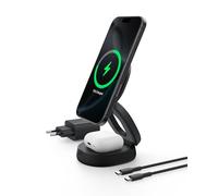 Belkin Cargador Inalámbrico 2 en 1, Estación de Carga Plegable 15W, Cargador Qi2 Compatible con MagSafe, iPhone 16 y AirPods, Base lastrada Antideslizante, Fuente de alimentación de 30W - Negro