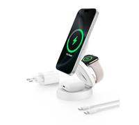 Belkin BoostCharge Cargador Inalámbrico compatible con MagSafe, Estación de Carga Inalámbrica 3 en 1 de 15W, Certificación Qi2, iPhone 17, Air, Pixelsnap, Apple Watch y AirPods, adaptador 36W - Blanco