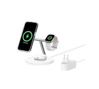 Belkin BoostCharge cargador Qi2 3 en 1, estación de carga inalámbrica con MagSafe, base de carga Qi2 para iPhone 16 Series, Apple Watch, AirPods, soporte antideslizante, fuente de alimentación, blanco