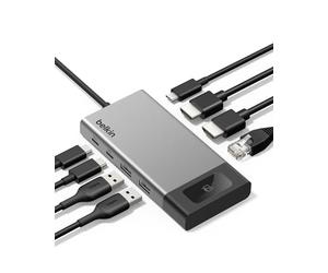 Belkin Hub USB C 8 en 1, Hub USB Multipuerto de 100W, Adaptador USB Tipo C, Dos Pantallas a 4K a 60 Hz en Mac, Windows y Chromebook, 10 Gbps de Transferencia de Datos y Ethernet, Concentrador