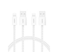 Belkin Paquete de 2 Cables Trenzados USB-A a Lightning de 1,5 m, carga rápida, cables de alimentación suaves y flexibles para iPhone serie 14 y anteriores, iPad de 9.ª generación y AirPods, Blanco