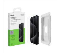 Belkin protector de pantalla con revestimiento ScreenForce UltraGlass 2 para iPhone 15 Pro, antiarañazos, grado 9H de dureza, bandeja de alineación fácil, sin burbujas, ultrafino, cobertura total