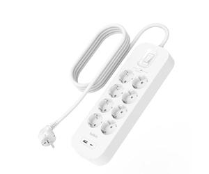 Belkin Regleta con protección contra sobretensiones de 8 enchufes, Montaje en Pared, Cable de 2 m, luz de Estado, 1 Puerto USB-A y 1 Puerto USB-C PD de Carga rápida, 900 Julios de Defensa electrica