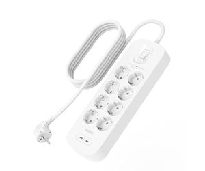 Belkin Regleta Enchufe USB con protección contra sobretensiones de 8 enchufes CA, Montaje en Pared, Cable de 2 m, 2 Puertos USB-C PD de Carga rápida, LED de Estado, 900 Julios de Defensa eléctrica