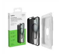 Belkin ScreenForce TemperedGlass - Protector de pantalla antimicrobiano para iPhone 15 y iPhone 14 Pro, fino y resistente a los arañazos, incluye funda de posicionamiento para aplicación sin burbujas