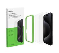 Belkin ScreenForce TemperedGlass protector de pantalla para iPhone 15 Pro Max, cristal templado, antiarañazos, marco de alineación fácil para aplicación sin burbujas, paquete de 2, Exclusivo Amazon
