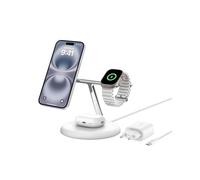 Belkin Soporte de Carga Inalámbrica 3 en 1 con MagSafe, Cargador Magnético Qi2, 15W, Carga Rápida para iPhone 17, Air, Pixelsnap, AirPods, Apple Watch (Fuente de alimentación incluida) - Blanco