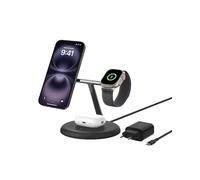 Belkin Soporte de Carga inalámbrica 3 en 1 con MagSafe, Cargador magnético Qi2 de 15 W, Carga rápida para iPhone 16, 15, 14 y 13, AirPods, Apple Watch y Otros (Fuente de alimentación incluida), Negro