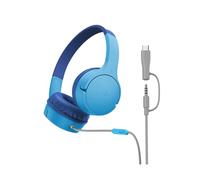 Belkin SoundForm Mini Auriculares con Cable para Niños con Adaptador USB-C a 3.5 mm, Micrófono, Pegatinas, Volumen MAX 85 dB, para estudiar y Viajar Compatible con iPhone, iPad, Galaxy, etc - Azul