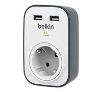 Belkin SurgeCube - Regleta de protección contra sobretensiones con 1 enchufe, montable en la pared, 2 puertos, protección hasta 306 julios USB, blanco