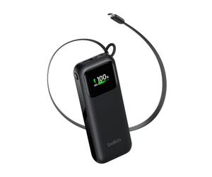 Belkin UltraCharge Batería Externa 11000mAh, 60W con Cable USB-C Retráctil | Power Bank, Capacidad de 11 000 mAh, Potencia Total 60 W, Cable Retráctil 70 cm, Pantalla Digital, Apta para Viajar en Avión