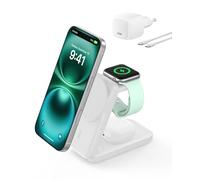 Belkin UltraCharge Cargador Inalámbrico 3 en 1 Qi2, 25W, Cargador Magnético Compatible con MagSafe, Estación de Carga para iPhone 16, Apple Watch, AirPods, Pixelsnap, con Adaptador de 45W, Blanco