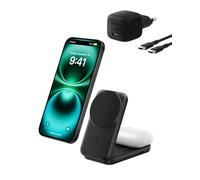 Belkin UltraCharge Cargador Inalámbrico Qi2, 2 en 1 Cargador Magnético Compatible con MagSafe con Puerto USB-C, 25W Estación de Carga para iPhone 16, AirPods, Pixelsnap con Adaptador de 45W, Negro
