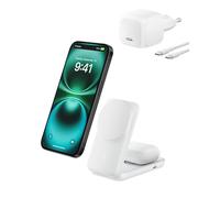 Belkin UltraCharge Cargador Inalámbrico Qi2, 2 en 1 Cargador Magnético Compatible con MagSafe con Puerto USB-C, 25W Estación de Carga para iPhone 16, AirPods, Pixelsnap con Adaptador de 45W, Blanco