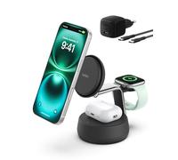 Belkin UltraCharge Pro Cargador Inalámbrico 3 en 1, 25W, Cargador Qi2 Compatible con MagSafe, Estación de Carga para iPhone 16, Apple Watch, AirPods, Pixelsnap con Ventilador y Adaptador 45W, Negro