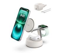 Belkin UltraCharge Cargador Inalámbrico Rápido 3 en 1, 25W, Cargador Qi2 Compatible con MagSafe, Estación de Carga para iPhone 16, Apple Watch, AirPods, Pixelsnap con Ventilador y Adaptador 45W, Beis