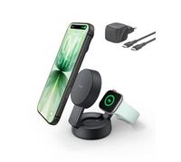 Belkin UltraCharge Cargador Inalámbrico iPhone 2 En 1 MagSafe, Cargador Inalámbrico Magnético Convertible, Qi2 25 W, iPhone 17, Apple Watch Series 10 y Pixelsnap, Fuente De Alimentación 45 W, Negro