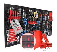 Belko® Juego de 2 paneles de herramientas de color rojo, 120 x 60 cm cada uno (combinable a 240 x 60 cm o 120 x 120 cm), incluye juego de 34 piezas de ganchos y estanterías, soporte organizador de