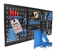 Belko Panel de herramientas azul 120 x 60 cm, incluye juego de 17 piezas de ganchos y estantes, pared perforada de metal con soporte para herramientas, sistema de ranuras para taller, garaje y sótano