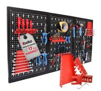 Belko Panel de herramientas rojo 120 x 60 cm, incluye juego de 17 piezas de ganchos y estantes, pared perforada de metal con soporte para herramientas, sistema de ranuras para taller, garaje y sótano