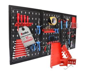 Belko Panel de herramientas rojo 120 x 60 cm, incluye juego de 17 piezas de ganchos y estantes, pared perforada de metal con soporte para herramientas, sistema de ranuras para taller, garaje y sótano