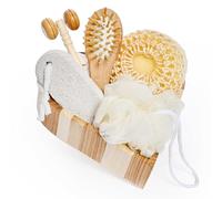 Bella Ciao Juego de cuidado de la piel y el cuerpo: rodillo de masaje facial, cepillo para el cabello, piedra pómez, lufa, esponja exfoliante, bandeja de madera, cestas de regalo para mujeres, juegos