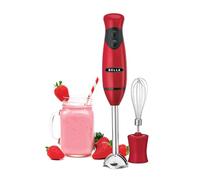 bella Licuadora de mano con accesorio de batidora. Prepara rápidamente salsas, sopas, batidos y dips, sin BPA, fácil de limpiar, acero inoxidable/rojo.