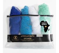BELLANOMI 4 esponjas de baño africanas exfoliantes largas africanas, auténticas de origen ético de Nigeria, ideal para uso diario (azul, blanco, espuma de mar, azul marino)