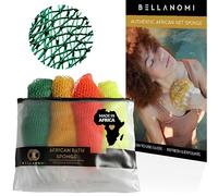 BELLANOMI 4 esponjas de baño africanas exfoliantes largas africanas, auténticas de origen ético de Nigeria, ideal para uso diario (lima, amarillo, naranja, limón)