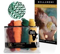 BELLANOMI 4 esponjas de baño africanas exfoliantes largas africanas, auténticas de origen ético de Nigeria, ideal para uso diario (marrón cobre, naranja, verde, amarillo)