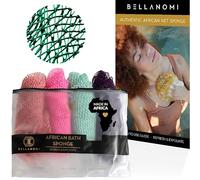 BELLANOMI 4 esponjas de baño africanas exfoliantes largas africanas, auténticas de origen ético de Nigeria, ideal para uso diario (rosa, índigo, espuma de mar, rubor)