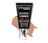 bellapierre BB Cream con SPF 20, protector solar tintado, corrector, base mate y crema facial hidratante, fórmula ligera + aplicador superior de bomba, no tóxico y sin parabenos, 48 ml, color oscuro