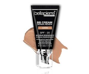 bellapierre BB Cream con SPF 20, protector solar tintado, corrector, base mate y crema facial hidratante, fórmula ligera + aplicador superior de bomba, no tóxico y sin parabenos, 48 ml, color oscuro