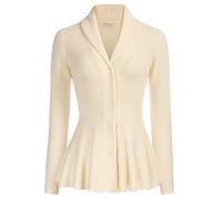 Belle Poque Cárdigan de punto de manga larga para mujer, cuello de solapa, con dobladillo con volantes, abrigo de punto informal, Color blanco marfil., S