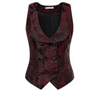 Belle Poque Chaleco de mujer con solapa curvada con cuello en v chaleco a cuadros con dos bolsillos dobladillo geométrico Chaqueta monocolor, Floral&Negro, S