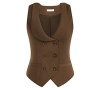 Belle Poque Chaleco de mujer con solapa curvada con cuello en v chaleco a cuadros con dos bolsillos dobladillo geométrico Chaqueta monocolor, marrón oscuro, S