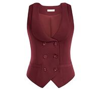 Belle Poque Chaleco para mujer con solapa curvada, cuello en V, a cuadros, con dos bolsillos, dobladillo geométrico, color liso, Winerot, M