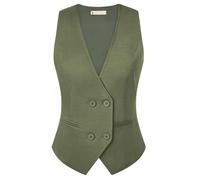 Belle Poque Chaleco vintage para mujer, sin mangas, cuello en V, doble botonadura, dobladillo tipo pañuelo con bolsillos, Ejercito Verde, M