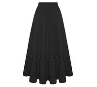 Belle Poque Falda larga victoriana para mujer, estilo vintage, elástica, de cintura alta, escalonada, de encaje, acampanada, Negro, XL