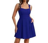 Belle Poque Vestido de verano para mujer con tirantes en línea A, cuello en V cuadrado, espalda abierta, elegante vestido con bolsillos, Color azul., M
