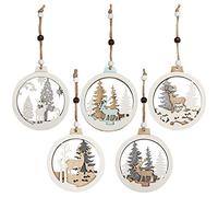 Belle Vous 5 Piezas Adornos de Madera para Árbol de Navidad Decoraciones de Navidad Calado Hueco con Corte Laser - Colgante con Cordel Adorno de Navidad - Rodaja de Madera para Fiesta de Navidad