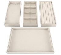 BELLE VOUS Bandeja Joyas Apilable Organizador Joyas Terciopelo Crema (Pack de 4) 35,3 x 24,2 cm - Organizador Joyas Cajones Exhibidor Secciones Desmontables Collares, Anillos, Brazaletes y Pendientes