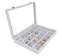 BELLE VOUS Bandeja Joyas Terciopelo Gris Expositor de Joyas 24 Secciones y Tapa de Vidrio - Organizador Joyas Cajones Apilable Secciones Ajustables para Collares, Brazaletes, Pendientes y Relojes