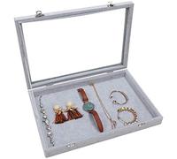BELLE VOUS Bandeja Joyas Terciopelo Gris Expositor de Joyas Apilable con Tapa de Vidrio - Organizador Joyas Cajones con Cierre Apilable para Pendientes, Anillos, Collares y Brazaletes